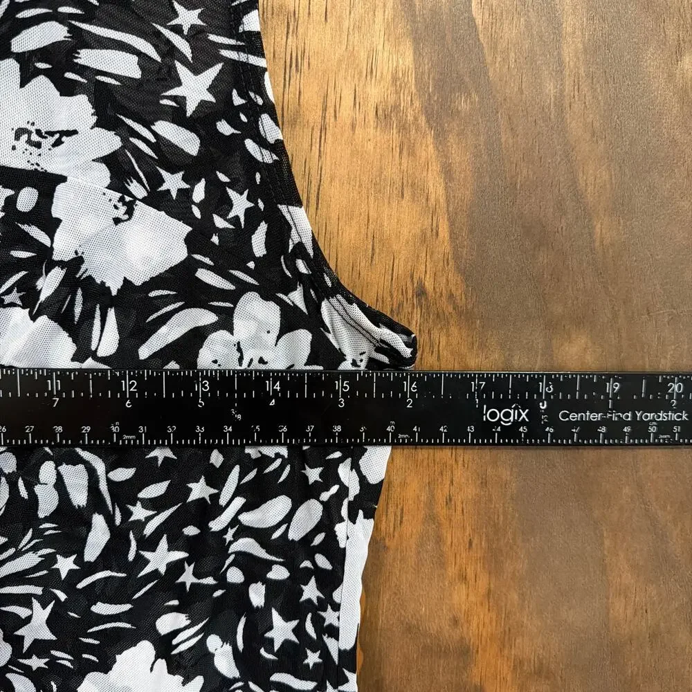 Cabi Womens Blouse Black Gray Floral Round Neck Sleeveless Sheer Stretch Small